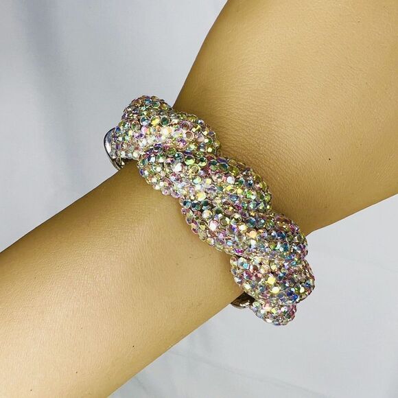 Vintage Aurora Borealis AB Rhinestone Pave Silver Clamper Bracelet Dazzling 4755 - Picture 6 of 14